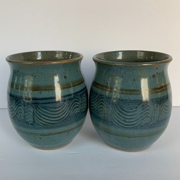 2 Hand Thrown Studio Art Pottery Mugs Blue Artisan Handcrafted Signed - Picture 7 of 13